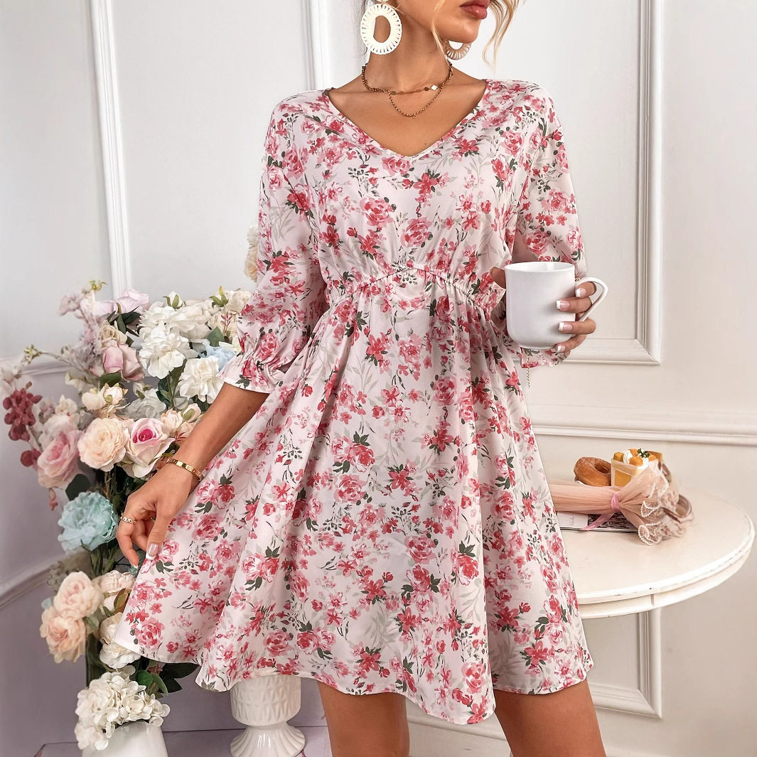 Floral Print Womens Dress Spring Ruffled Trim Tie Waist Color Block Design Casual Wear Wholesale Available