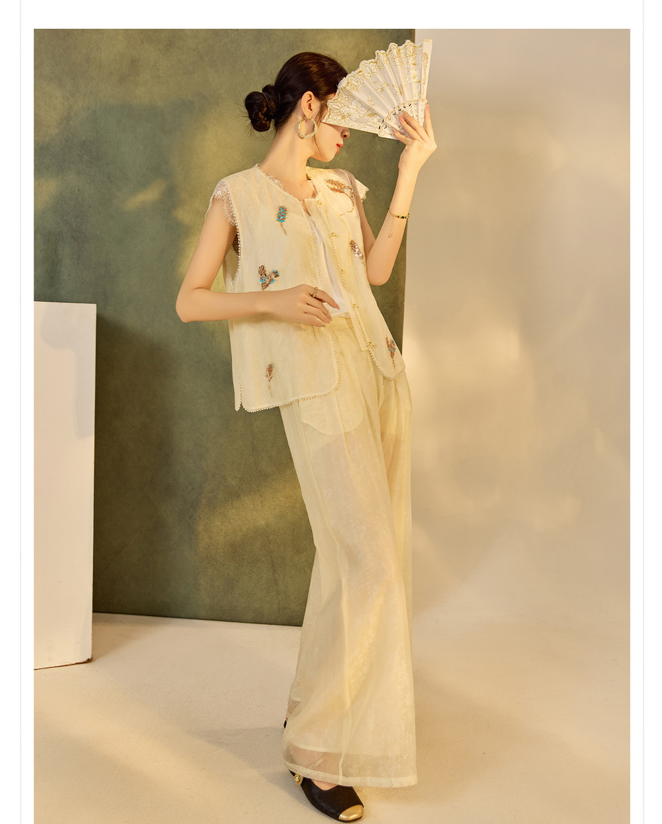 Set gile thêu đính cườm kèm quần dài nữ phong cách thanh lịch — Quần dài màu mơ, Quần dài màu xanh lục, Gi lê màu hồng, Gi lê màu xanh lục
