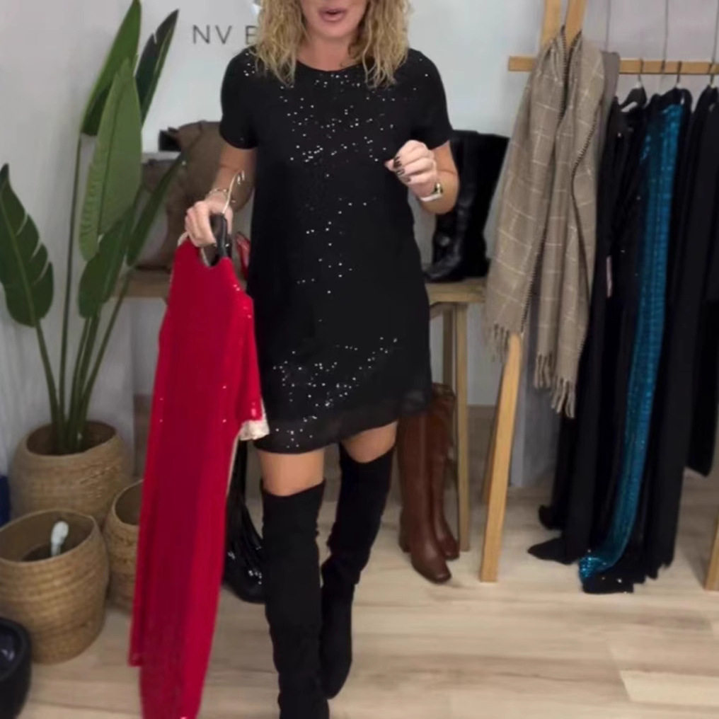 Elegant Sequin Short Sleeve Dress Round Neck Autumn Winter Style Perfect for Parties Wholesale Available