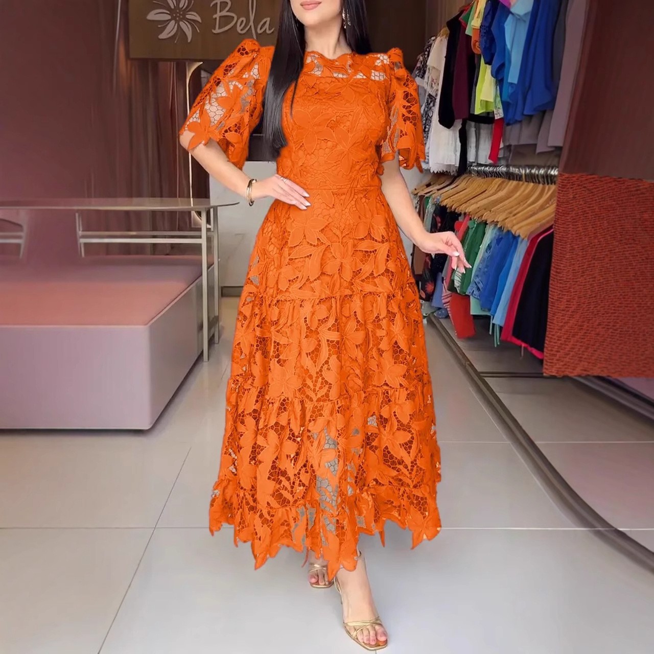 Summer Womens Lace Dress Elegant Hollow Design Round Neck Short Sleeve Perfect for Parties and Events Wholesale