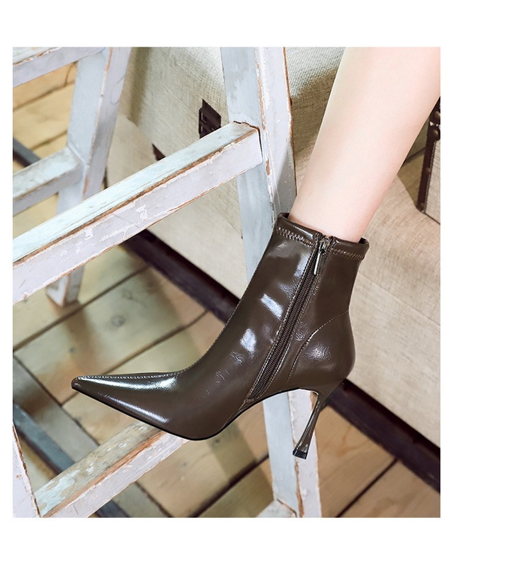 Boot nữ cổ thấp gót nhọn siêu cao mũi nhọn khóa kéo bên phong cách Âu Mỹ — Cà phê lót nhung, Cà phê lót trong, Đen lót một lớp, Màu đen lót nhung