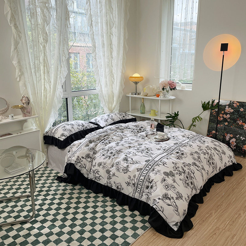 Korean style romantic washed cotton four-piece set thickened autumn and winter brushed Korean style Hepburn style Plaid series dormitory home