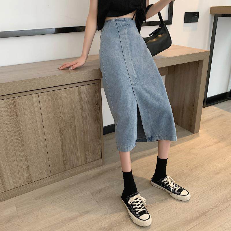 Vintage High Waisted A Line Denim Midi Skirt Slim Fit Side Slit Versatile Style Spring Summer Fashion Wholesale