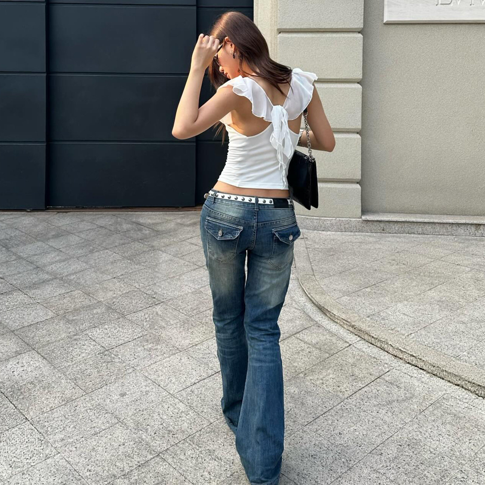 Spring Womens Slim Fit V Neck Crop Top Ruffle Hem Solid Color Sexy Style Versatile for Casual or Night Out