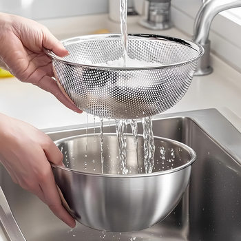 Stainless Steel Basin with Draining Basket for Washing Vegetables, Rice Washing Sieve, Rice Washing Tool, Food-Grade Water Filter Basket, Strainer Mesh Basket