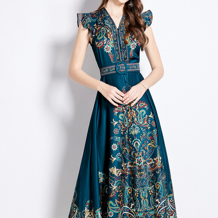 Vintage Inspired Elegant Floral Print Dress V Neck Lantern Sleeves Slim Fit Button Closure Perfect for Parties and