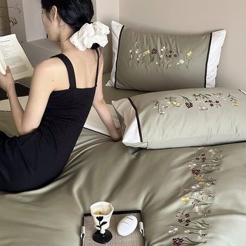 50-Count Satin Long-Staple Cotton Four-Piece Set, Pure Cotton French Embroidery Duvet Cover, Bed Sheet Three-Piece Set, High-End Bedding