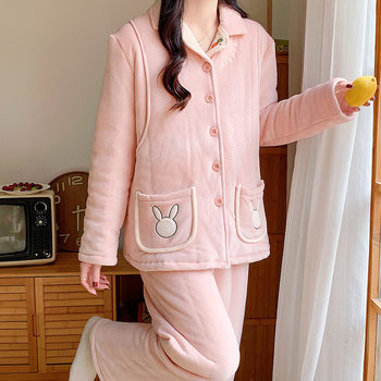 Three-layer quilted maternity pajamas autumn and winter extra thick fleece-lined postpartum nursing lapel can go out confinement clothes postpartum quilted