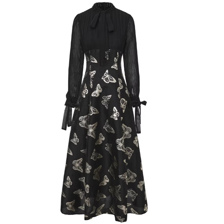 Elegant V Neck Dress with Bow Tie Luxurious Heavy Gold Print Flared A Line Gown for Formal Occasions Wholesale Available