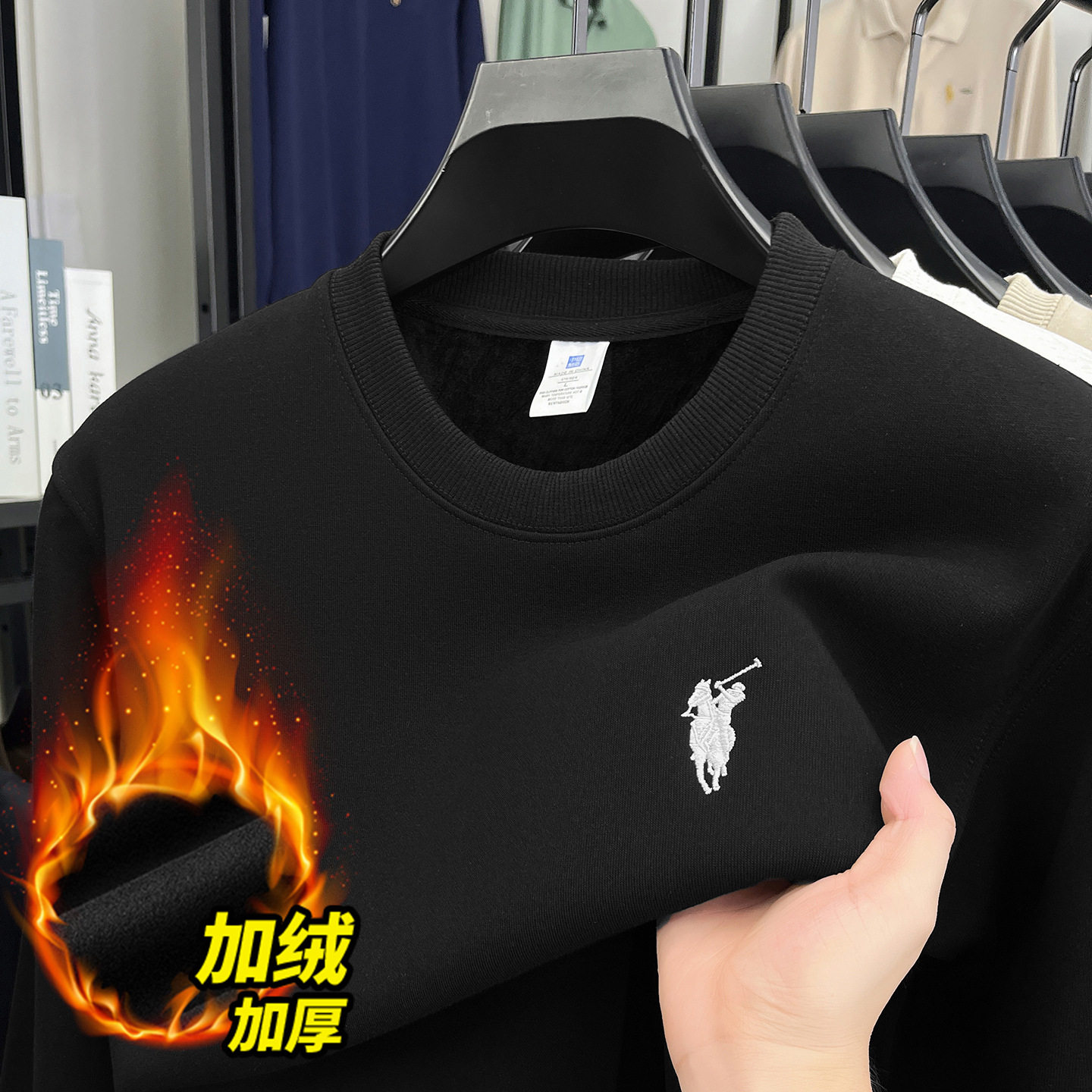 跨境重磅380克刺绣男士卫衣2026春季新款圆领休闲打底长袖卫衣男