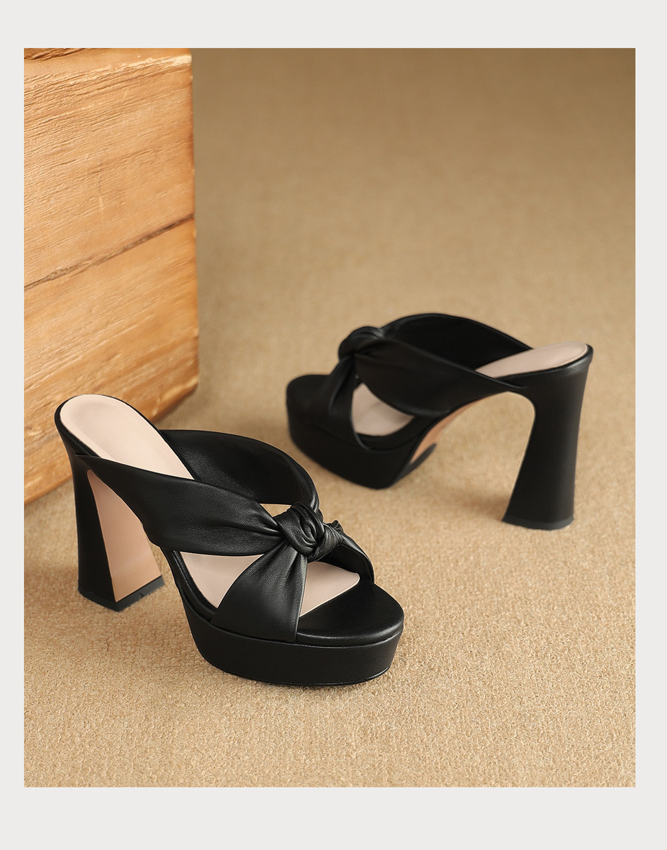 Sandal nữ quai ngang gót thô đế xuồng, mũi tròn da cừu, đi ngoài trời — Đen 10cm, Đen 8cm, Màu hồng 10cm, Màu hồng 8cm
