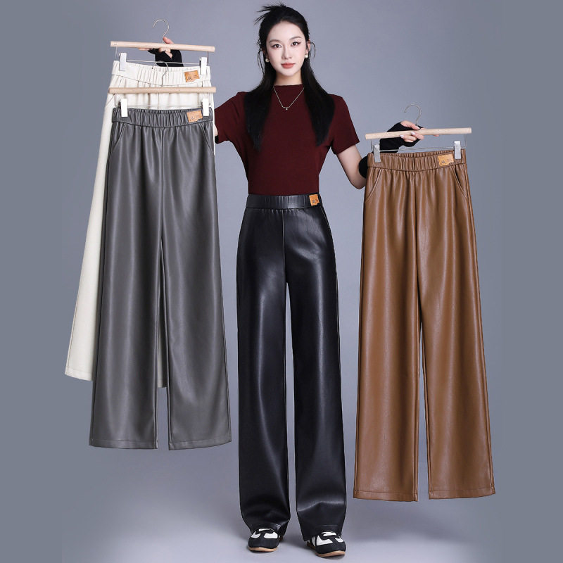 Hua Ge Diqing leather кожаные брюки женские, новинка осени и зимы 2024 года, широкие брюки из толстой овчины с высокой талией, прямые повседневные брюки Изображение 1