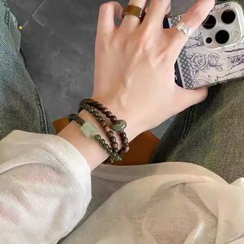 Natural Qinan Aquilaya Bracelet and Hotan Bracelet Qingshui Jade Beads Fugui Show White Buddha Beads and Rosary Beads Stacked in Circles for Women