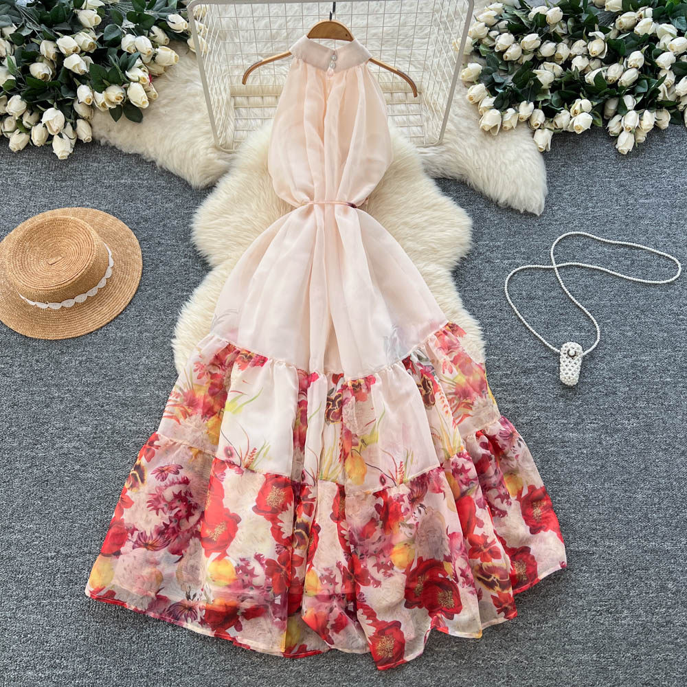 Floral Print Sleeveless Halter Dress High Waist A Line Silhouette Spring Summer Vacation Style Wholesale Available