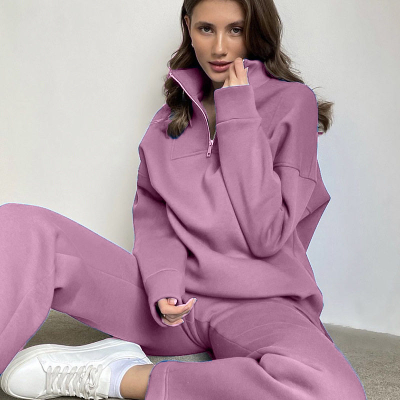 Womens Casual Solid Color Cotton Hoodie Set Zipper Fleece Lined Loose Fit Ideal for Sports and Everyday Wear
