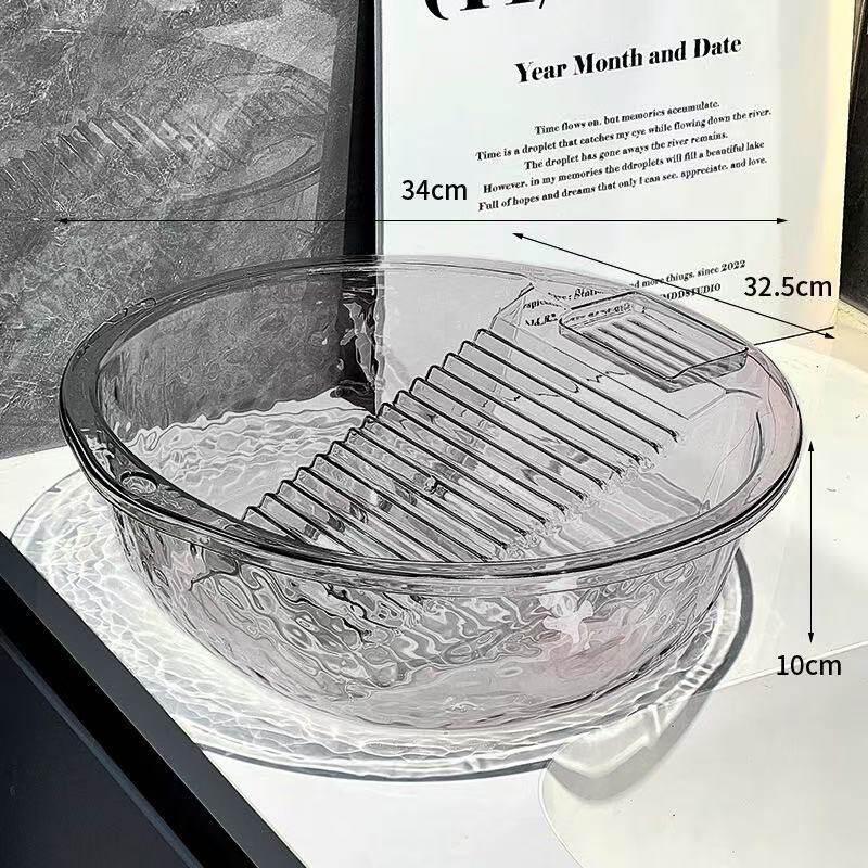 Hand-Washing Integrated Laundry Basin for Home Use, Transparent Plastic Basin with Washboard, Thickened and Deepened Washing Basin, Glacier