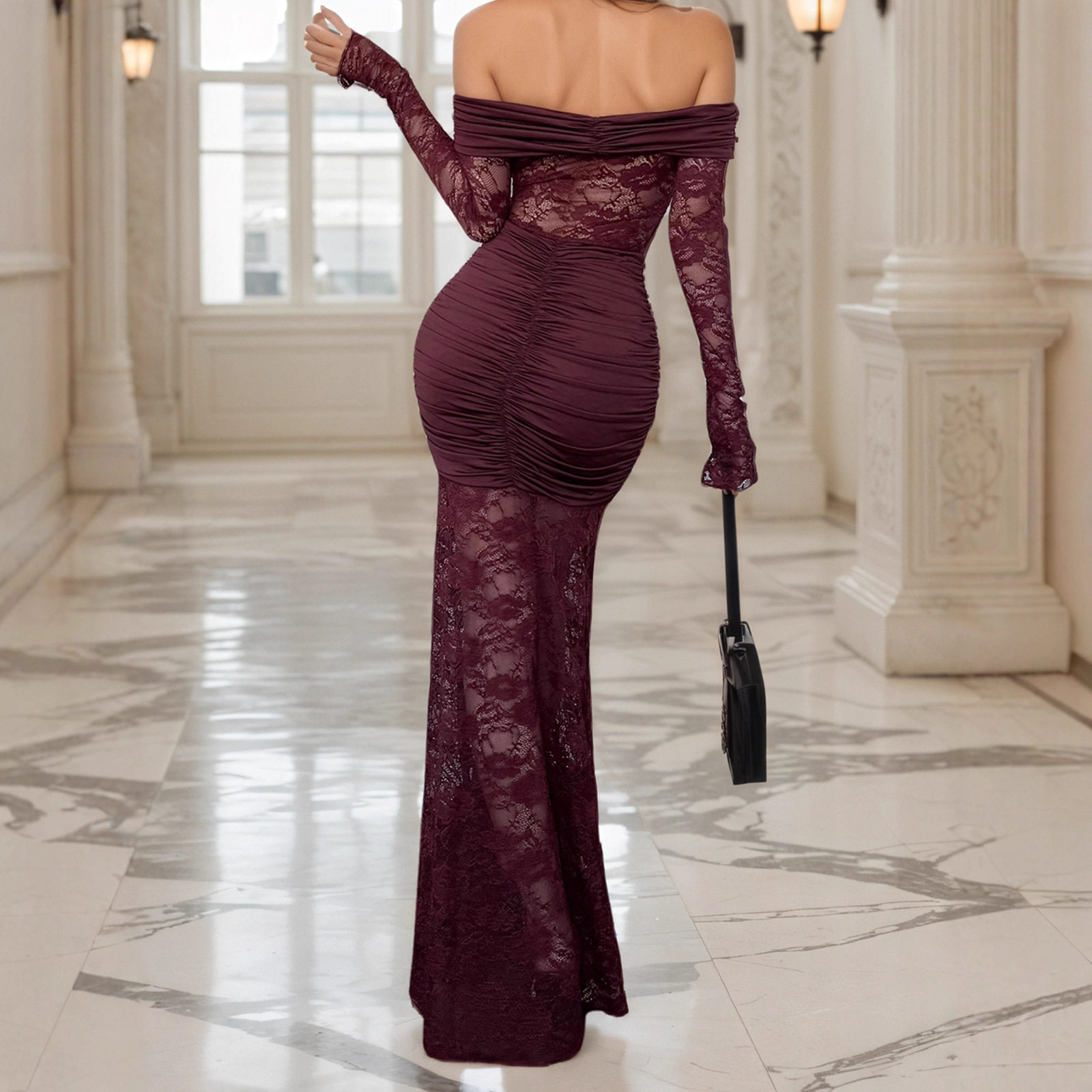 Off Shoulder Lace Trimmed Bodycon Dress Long Sleeve Ruffled Design Elegant Style Perfect for Autumn Events
