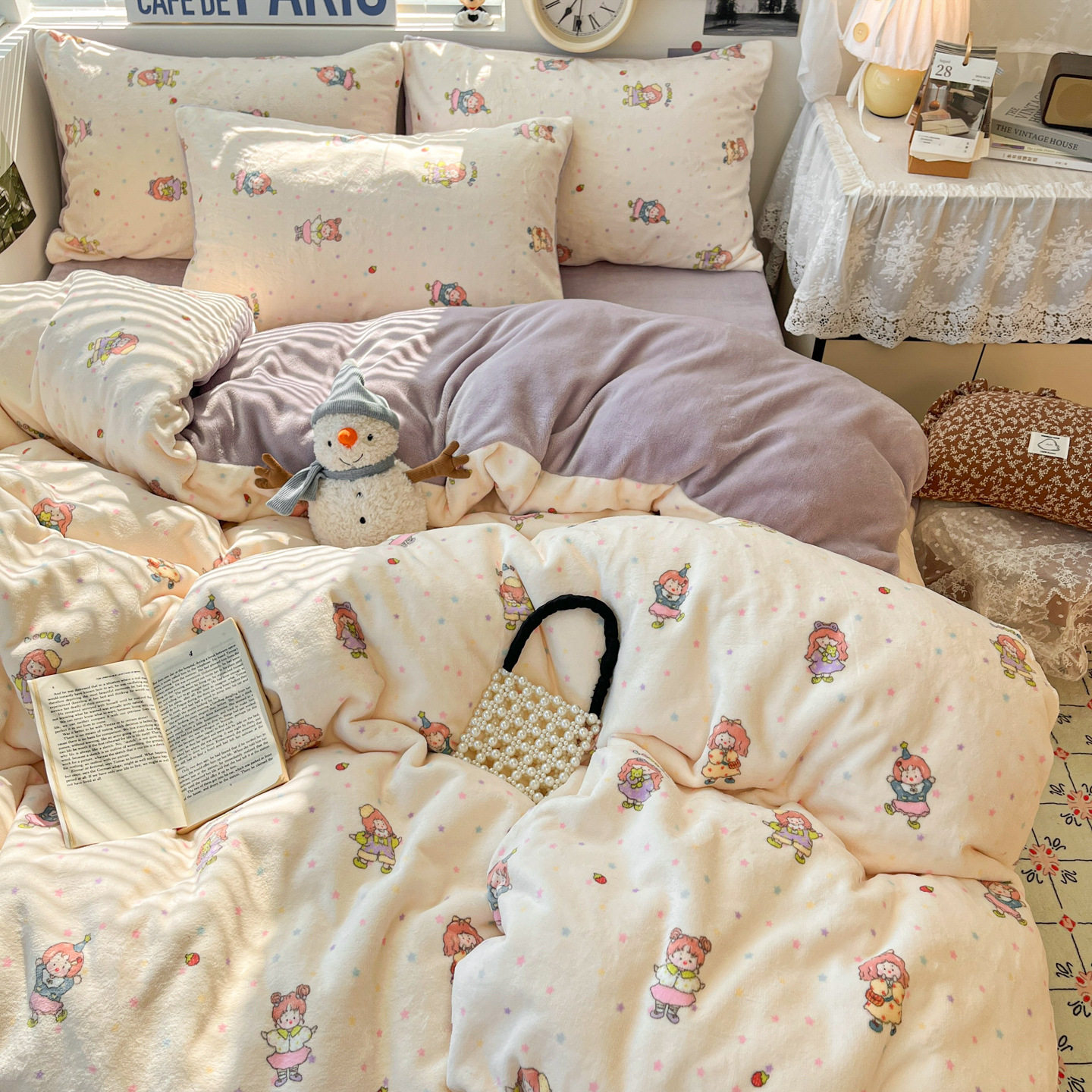 Ins-Style Fresh Winter Printed Milk Velvet Four-Piece Set, Thickened Coral Velvet Student Dormitory Style Bed Sheet Three-Piece Set