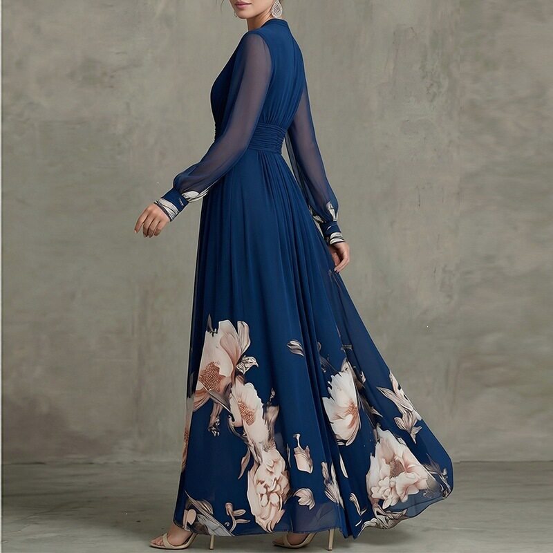 Womens Spring Dress Elegant Floral Print Waist Defined Long Silhouette Perfect for Casual or Formal Occasions
