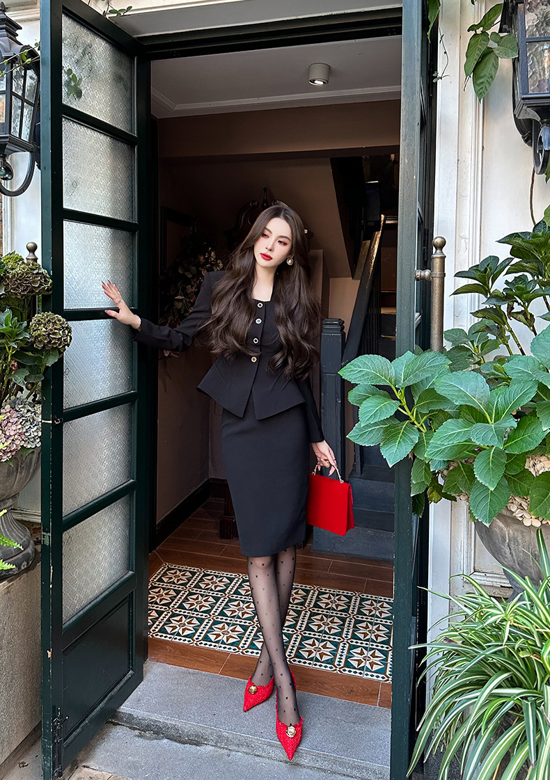 Đầm công sở nữ dáng Hepburn phong cách Pháp, bộ hai chiếc dài tay thanh lịch — Màu đen