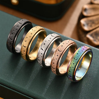 Tongxin Cross-Border Stainless Steel Rotating Ring Fashionable Hollow Frosted Star Moon Ring Rotatable Decompression Ring