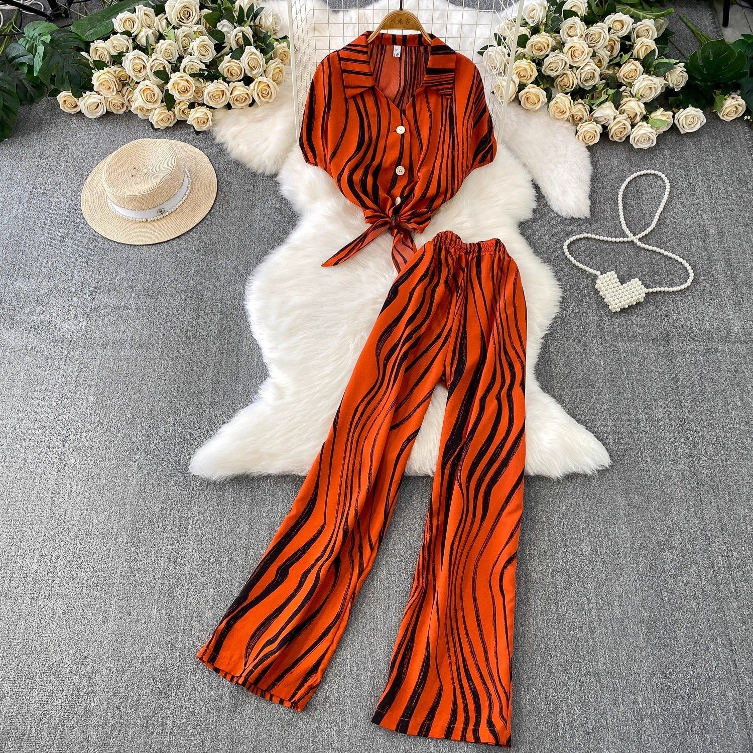 Hong Kong Style Ins Tie Waist Single-Breasted Lapel Short Light Mature Style Striped Shirt Casual Wide-Leg Pants Two-Piece Set