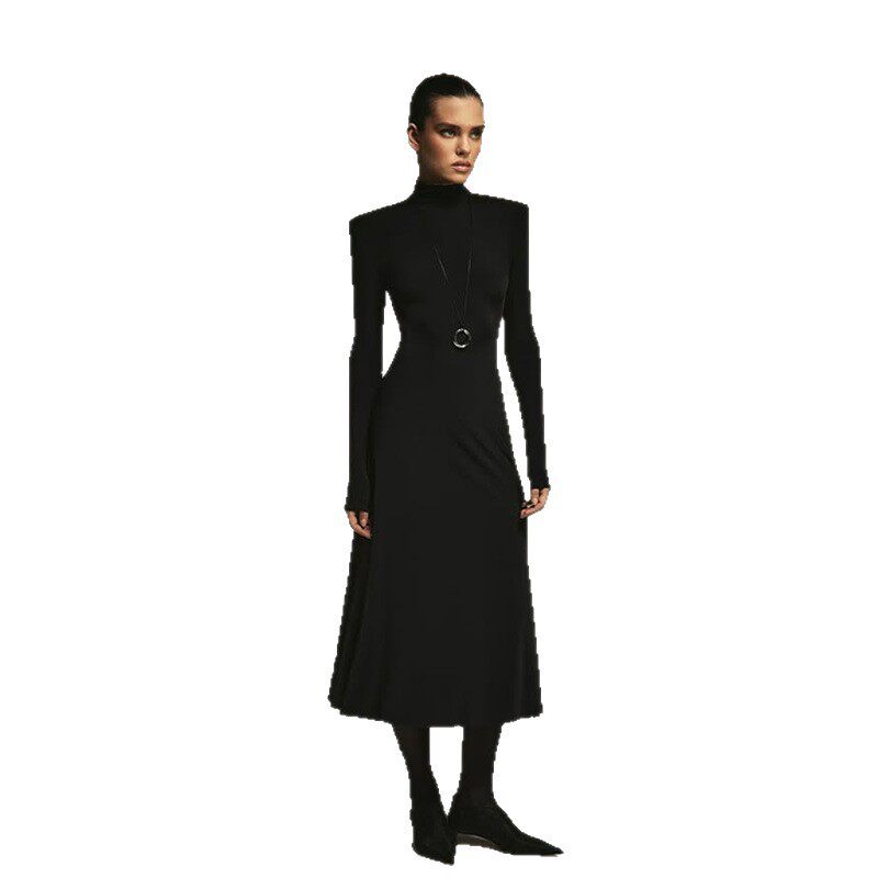 High Neck Long Sleeve A Line Dress Waist Defining Solid Color Elegant Design Autumn Winter Fashion Wholesale