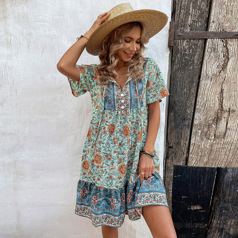 Bohemian Floral Print Maxi Dress V Neck Loose Fit Plus Size Casual Vacation Wear Wholesale Available