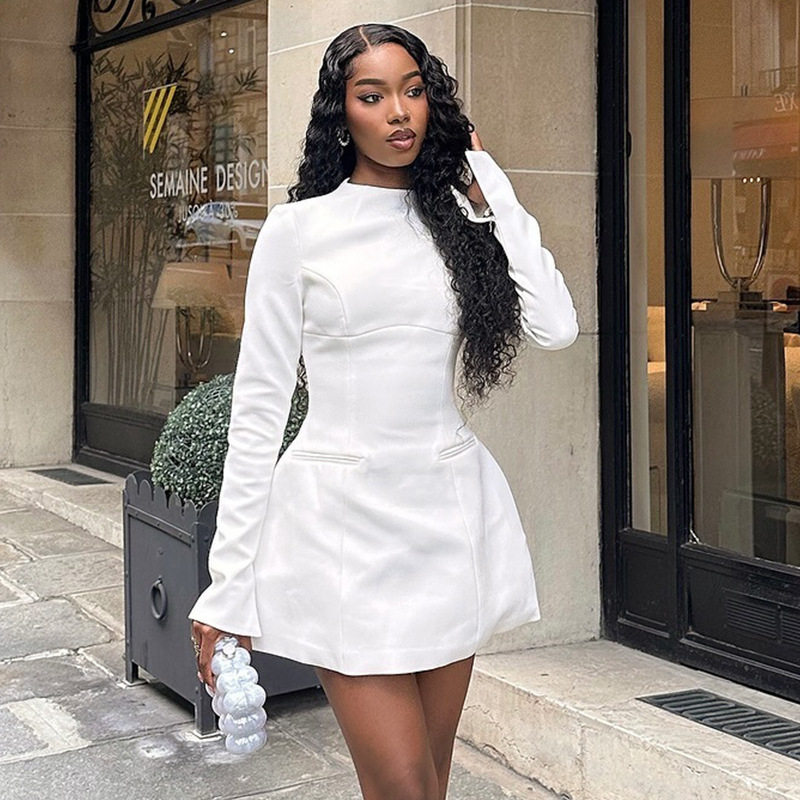 Elegant A Line Dress Solid Color Backless Long Sleeve Slim Fit Casual or Evening Wear Wholesale Available