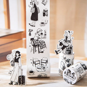Beautiful Day Die-Cut Tape Small Daily Black and White Character Pattern Handbook Mobile Phone Back Card DIY Decorative Collage