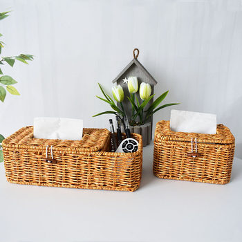 Imitation Rattan Woven Tissue Box Restaurant Tissue Basket Living Room Household Multifunctional Paper Box Coffee Table Remote Control Storage Basket