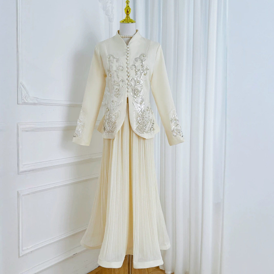 French Style V Neck Embroidered Jacket with High Waisted Pleated Skirt Elegant Lightweight Two Piece Set for Spring and