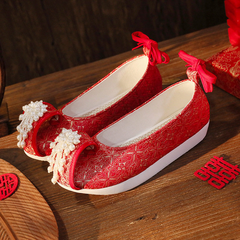 [Red Fu] Pearl Flower ancient style climbing cloud toe shoes Hanfu shoes spring and summer autumn single-layer shoes Chinese bridal wedding shoes