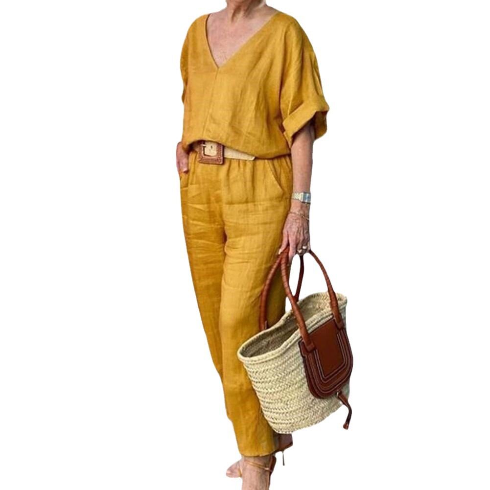 2025 European and American Cross-Border Amazon Independent Station Women's Fashion Casual Summer Multi-Color V Neck Loose Cotton and Linen Suit