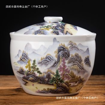 Ceramic Rice Jar with Lid, Household Rice Bucket, Insect-Proof and Moisture-Proof, Chinese Retro Noodle Bucket, Cold Water Jar, Pickled Pickle Jar, Ginger Tea