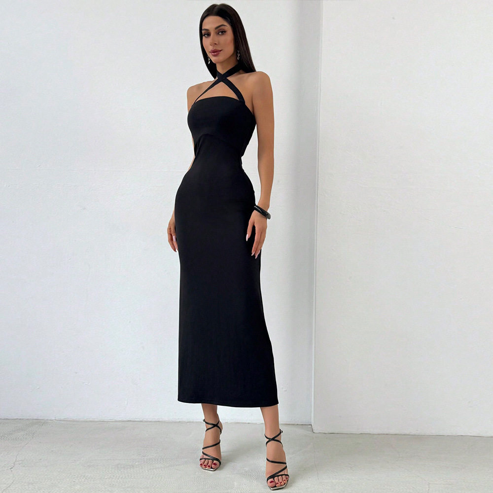 Summer High Waist Bodycon Maxi Dress Backless Halter Neck Solid Color Knitted Fabric Casual or Evening Wear