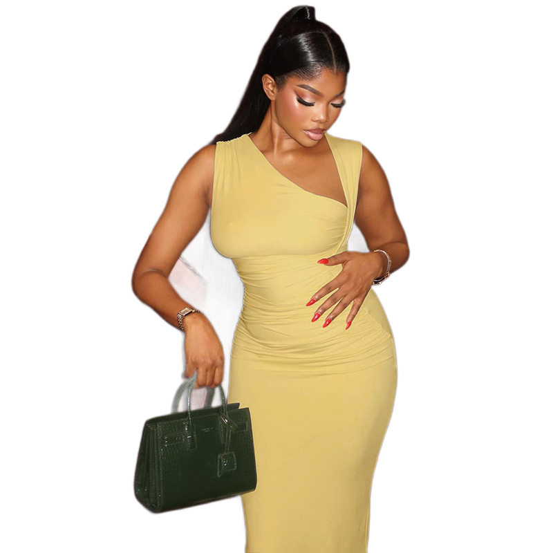 One Shoulder Bodycon Maxi Dress Solid Color Slim Fit Elegant Style Perfect for Parties and Formal Events Wholesale