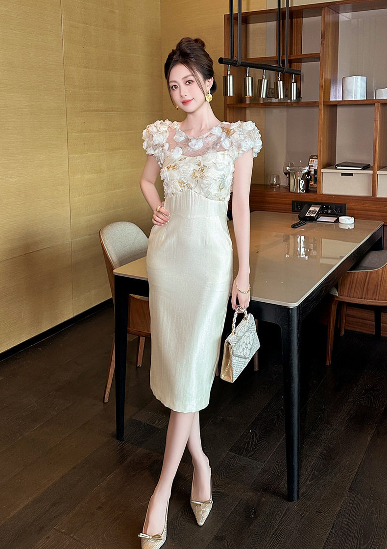 Đầm ôm body nữ dáng dài tay phồng hoa nổi — [Màu hồng đào] chi tiết 8