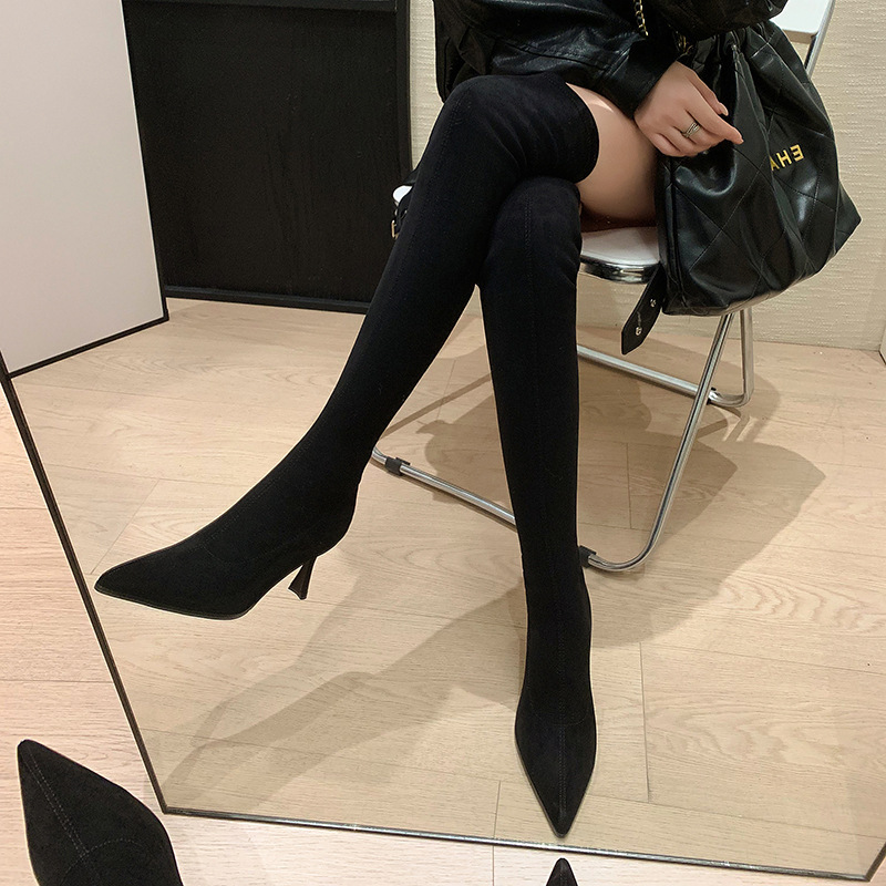Boot nữ cổ cao qua gối mũi nhọn gót nhỏ chất liệu da lộn co giãn — Lớp lót đơn màu kaki, Lớp lót đơn màu xám, Lớp lót nhung đen, Lớp lót nhung kaki