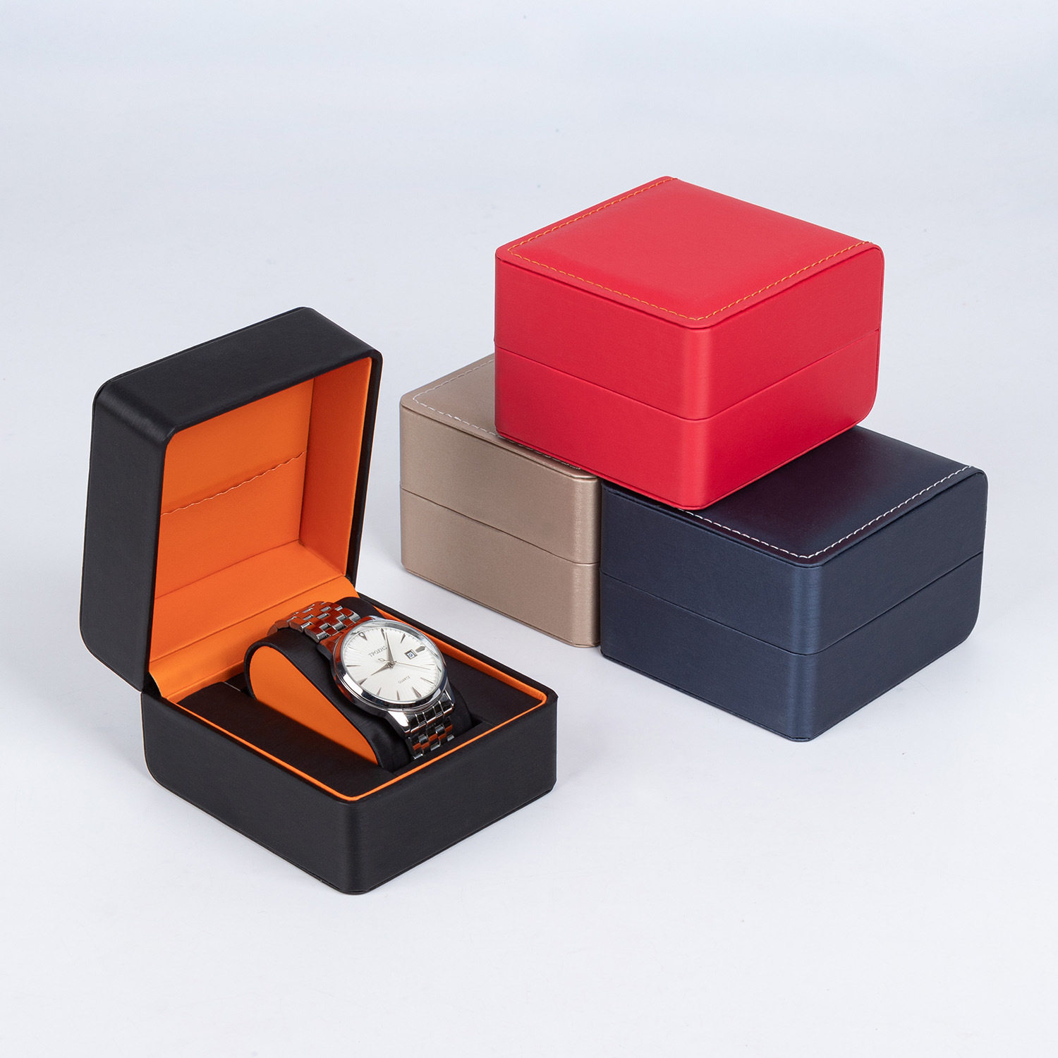Rounded Corner Rain Silk Pattern Watch Packaging Box, High-End Flip-Top Gift Watch Gift Box, Textured Leather Pu Watch Box