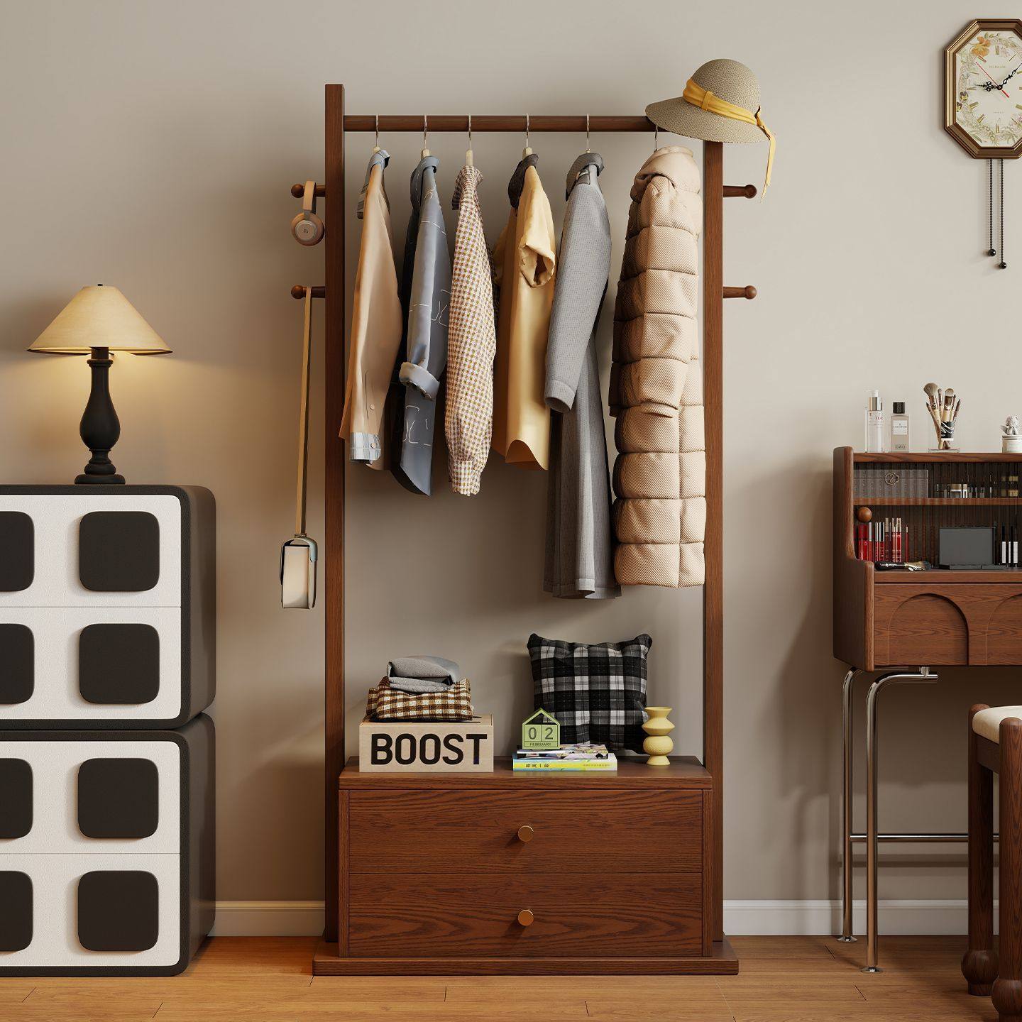 Solid Wood Bedside Table Clothes Rack Storage Integrated Home Drawer Bedroom Floor-Standing Coat Rack Clothes Rack
