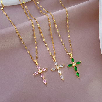 [Titanium Steel] Light Luxury Fashion Elegant Gorgeous Diamond Cross Necklace Women's Internet Celebrity All-match Clavicle Chain Titanium Steel Chain