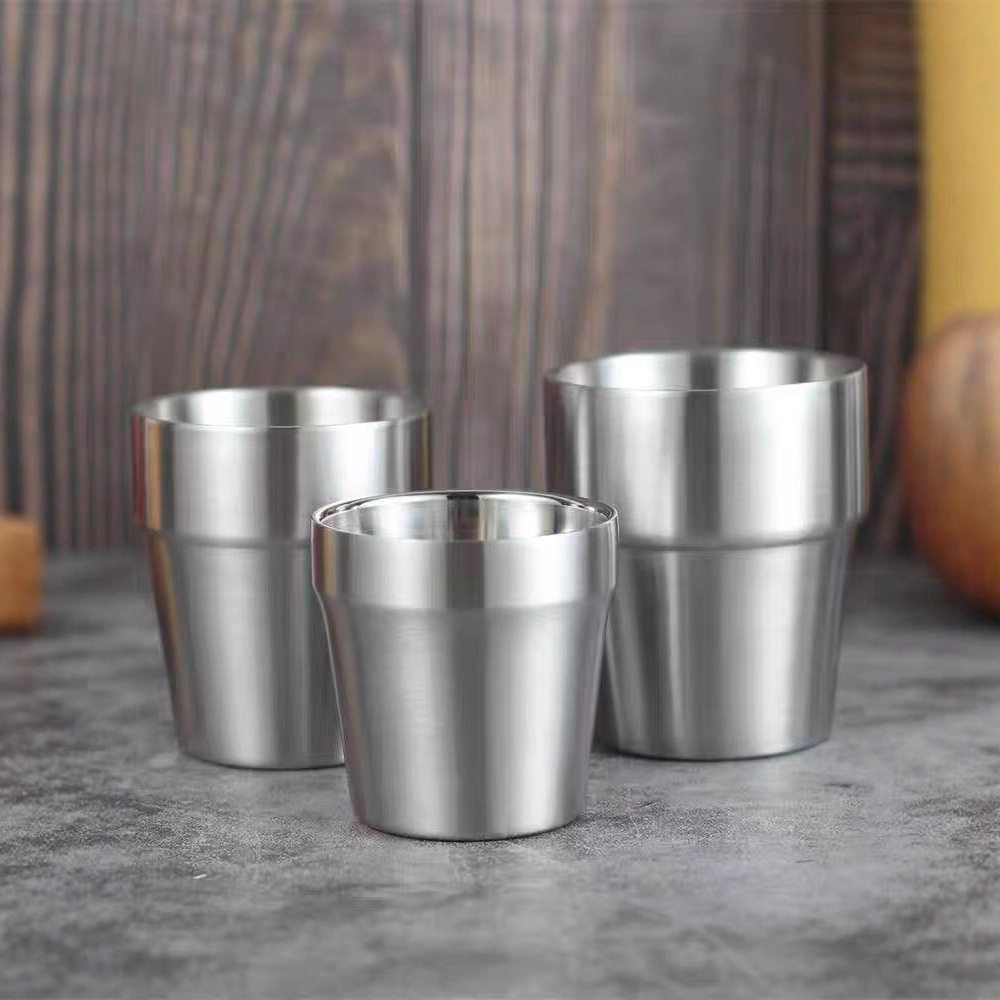 Amazon 304 Double-Layer Stainless Steel Cup Anti-Scalding Step Straight Sand Beer Milk Tea Cup Soju Coffee Cup Outdoor