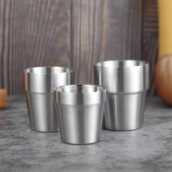 Amazon 304 Double-Layer Stainless Steel Cup Anti-Scalding Step Straight Sand Beer Milk Tea Cup Soju Coffee Cup Outdoor