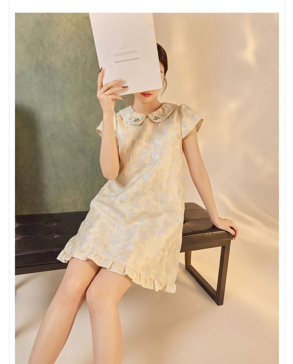 Đầm liền họa tiết jacquard cổ búp bê tay ngắn dáng chữ A — Phô mai vàng (giao hàng trong 7 ngày), Phô mai vàng (giao hàng trong ngày)