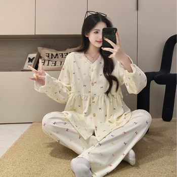 2025 Spring and Autumn Pure Cotton Maternity Pajamas for Pregnant Women, Postpartum Nursing Clothes, Large Size Home Clothes Set for Women