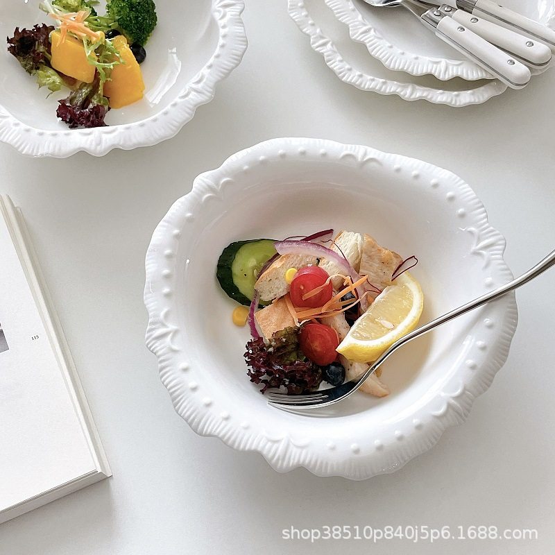 Ins French Embossed Lace Special-Shaped Salad Bowl Pure White Ceramic Soup Bowl High-End Western Restaurant Vegetable and Fruit Bowl