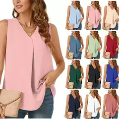 2025 New Summer European and American Women's Tops Casual Versatile Pure Color Pleated V-Neck Sleeveless Shirt