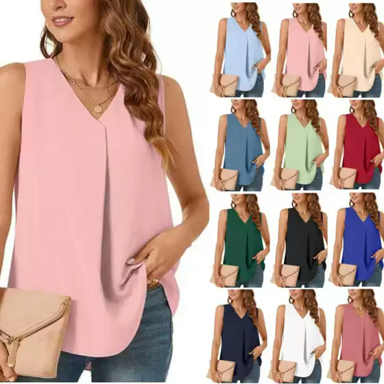 2025 New Summer European and American Women's Tops Casual Versatile Pure Color Pleated V-Neck Sleeveless Shirt