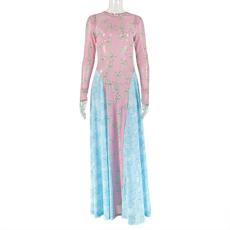 Floral Print A Line Dress Slim Fit Ruffled Round Neck Long Sleeve Elegant Casual Wear for Women OEM Available